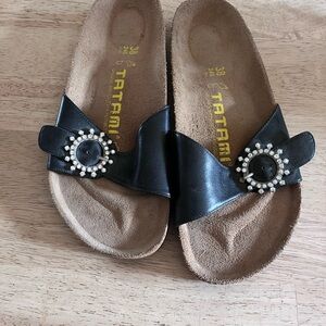 Tatami Black Slide Sandals with Crystal Buckle Accent